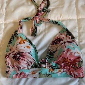 Kona Sol Aqua Floral Halter Bikini Top with Pink and Green Accents
